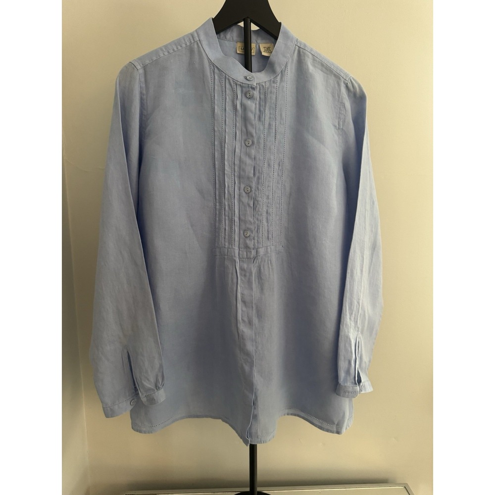 L.L. Bean Women's 100% Linen Blue Tunic Blouse Roll Tab‎ Sleeves Size L